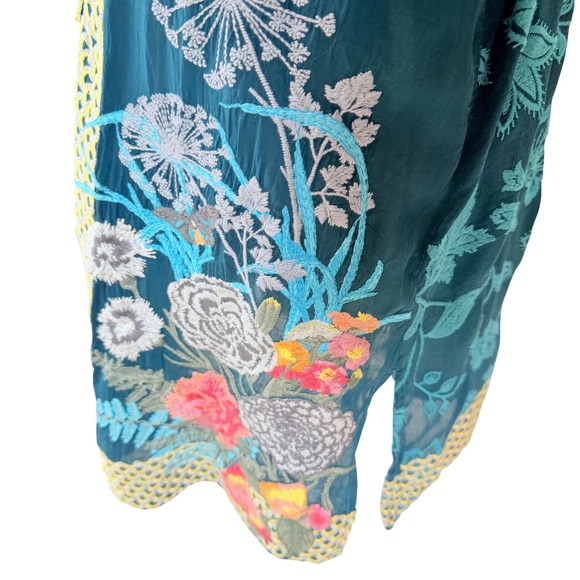 Johnny Was Tunic Women Large Teal Floral Embroidered Cupra Rayon Boho Split Neck - Picture 5 of 13